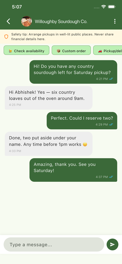 NeighbourGood chat conversation with quick-reply chips and a safety tip