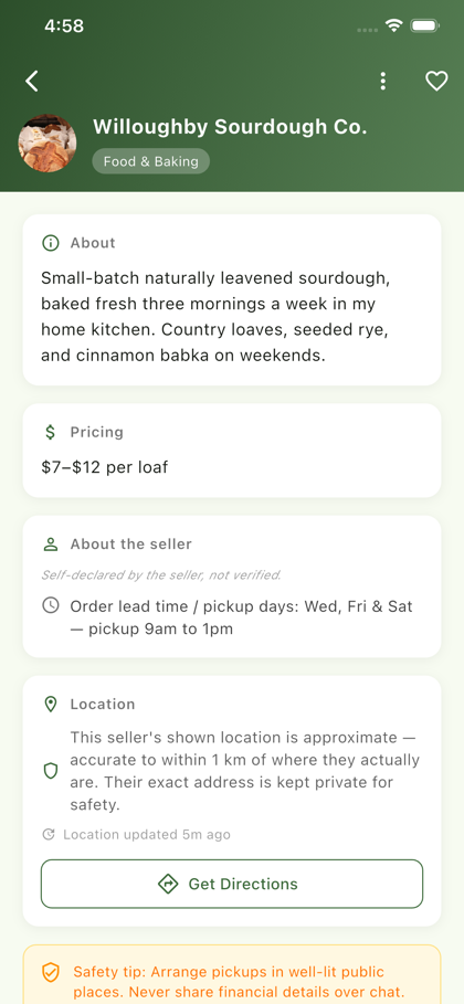 NeighbourGood business listing with a report option, private location, and a safety tip