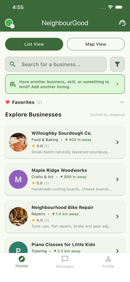 NeighbourGood feed showing nearby businesses sorted by distance