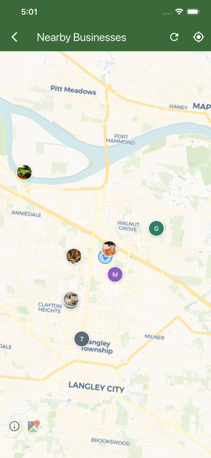NeighbourGood map view showing pinned businesses in the area
