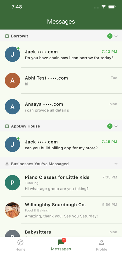 NeighbourGood Messages screen with separate sections for each business, plus a Businesses You've Messaged section