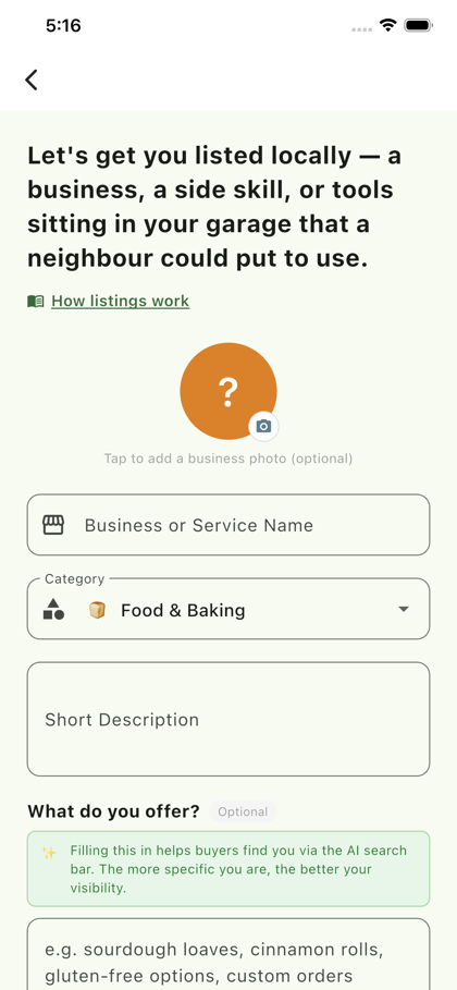 NeighbourGood create-listing form with category and description fields