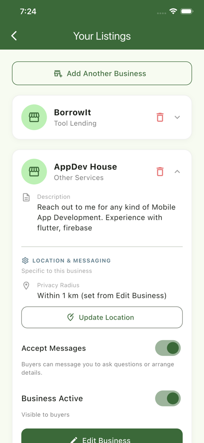 NeighbourGood listing management screen with Privacy Radius and Accept Messages toggle