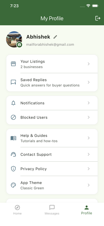 NeighbourGood profile screen showing Your Listings with 2 businesses, under one account